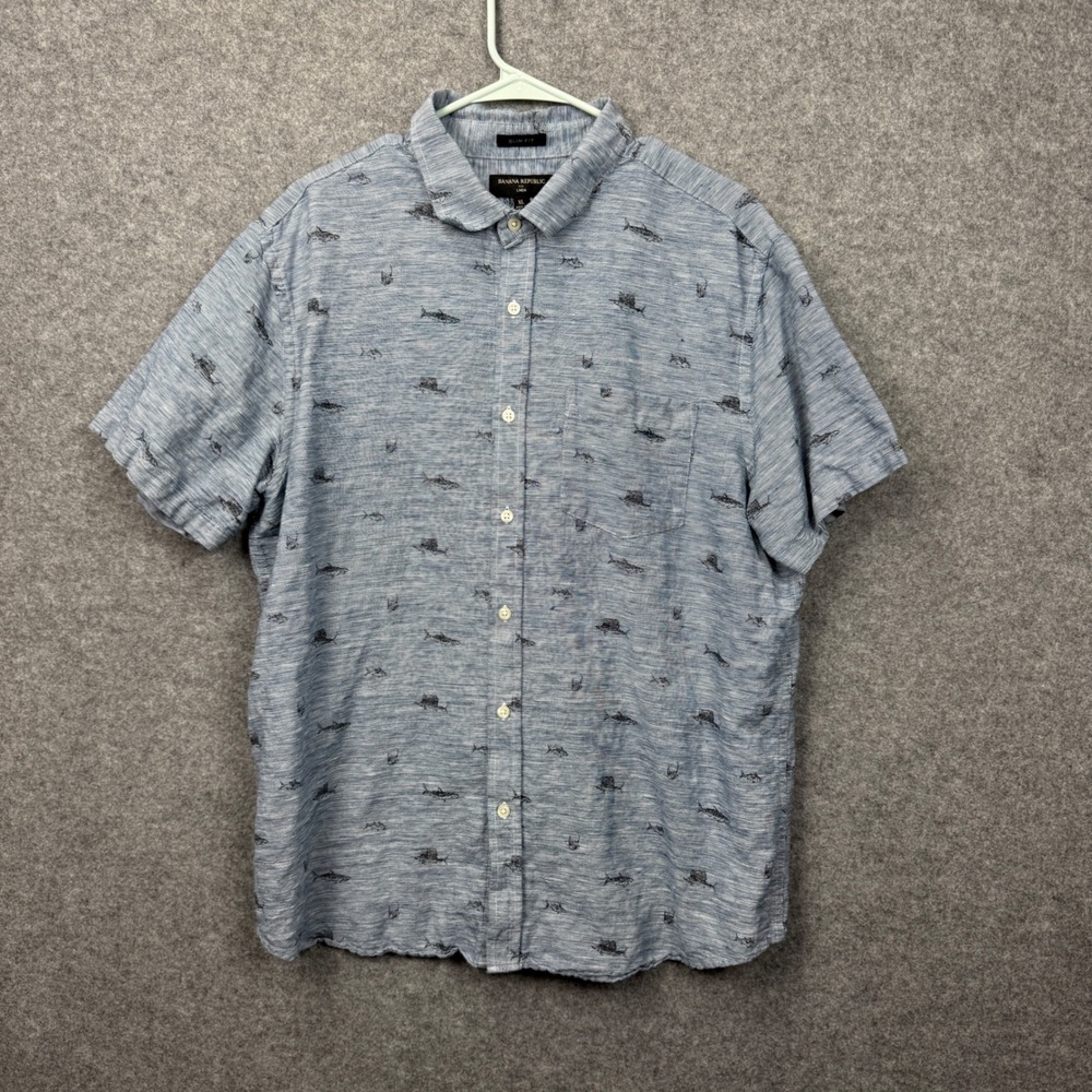 Banana Republic Mens XL Blue Linen Cotton Shark Print Slim Fit Button Down Shirt